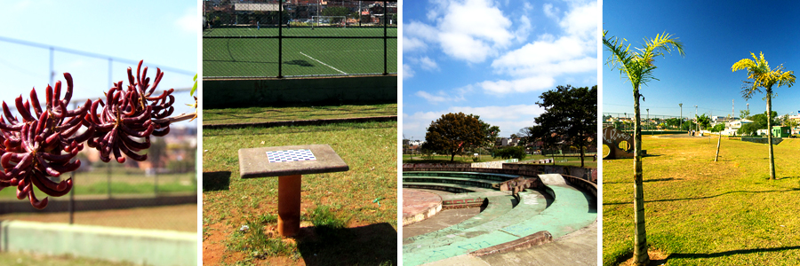 Mosaico com quatro fotografias sendo a primeira de uma flor vinho, a segunda de uma mesa de xadrez sobre a grama com uma quadra de futebol ao fundo, a terceira de uma arquibancada circular de concreto na cor verde e vermelho, e a quarta campo aberto com grama baixa e algumas árvores de troncos finos.